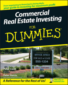 Cover of the book "Commercial Real Estate Investing for Dummies" by Peter Conti and Peter Harris, featuring a sign for an office space available for sale or lease and text promoting investment tips.